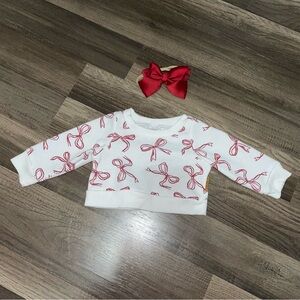 White Sweatshirt with Red Bow Pattern and Matching Headband Bow